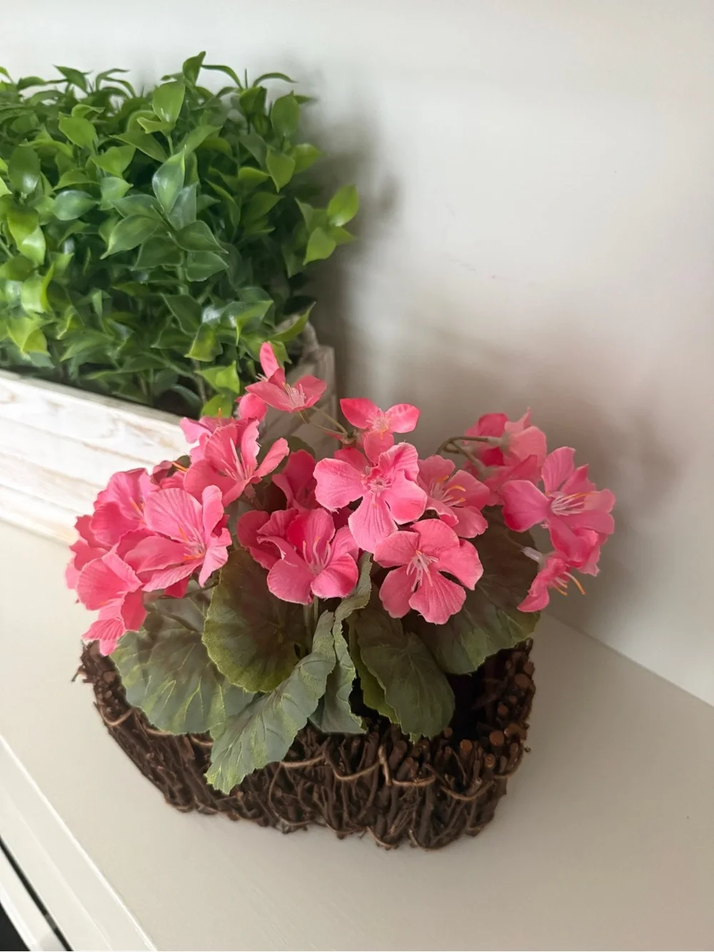 A.T. Imports Faux Pink Geranium Floral Arrangement Twig Basket Cottagecore